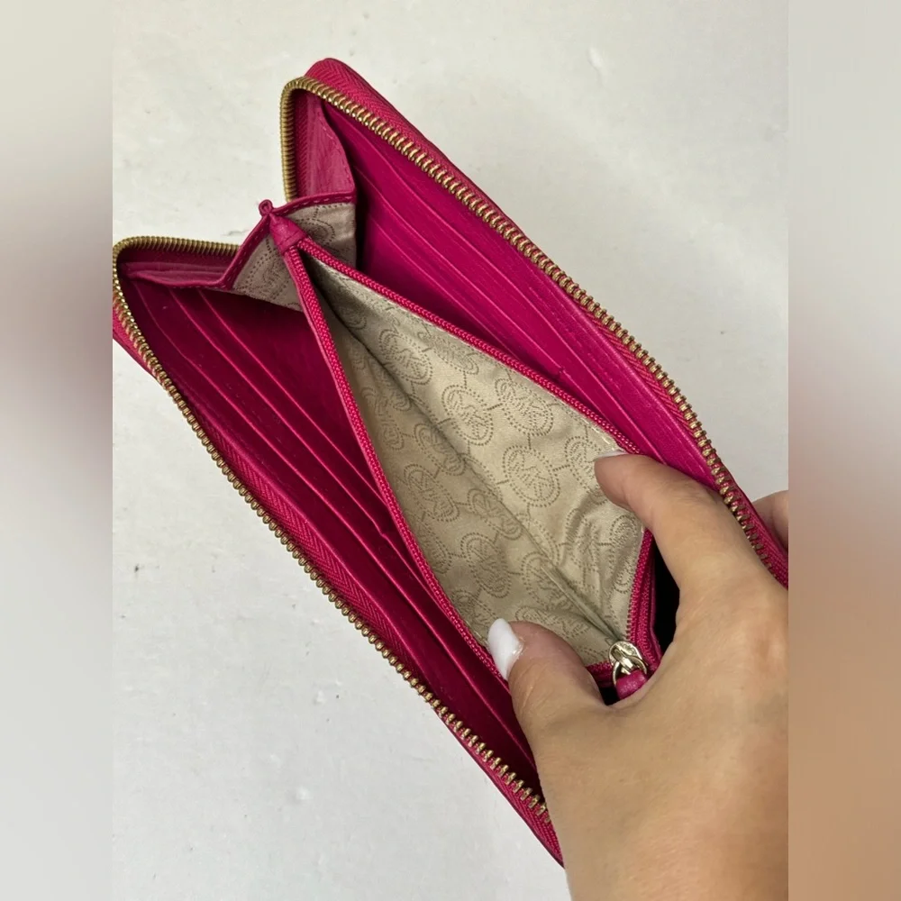 MICHAEL KORS Logo Embossed Pink Leather Zip Around Continental Wallet